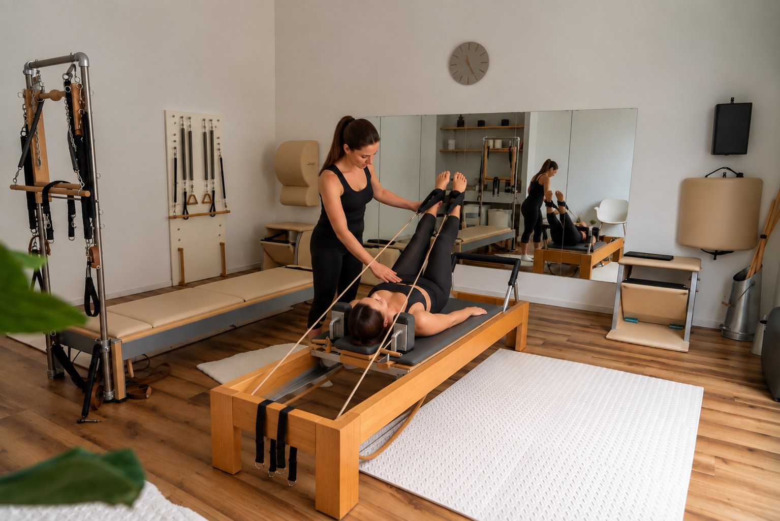 Istruttrice Phil Lab assiste una cliente sul Pilates Reformer